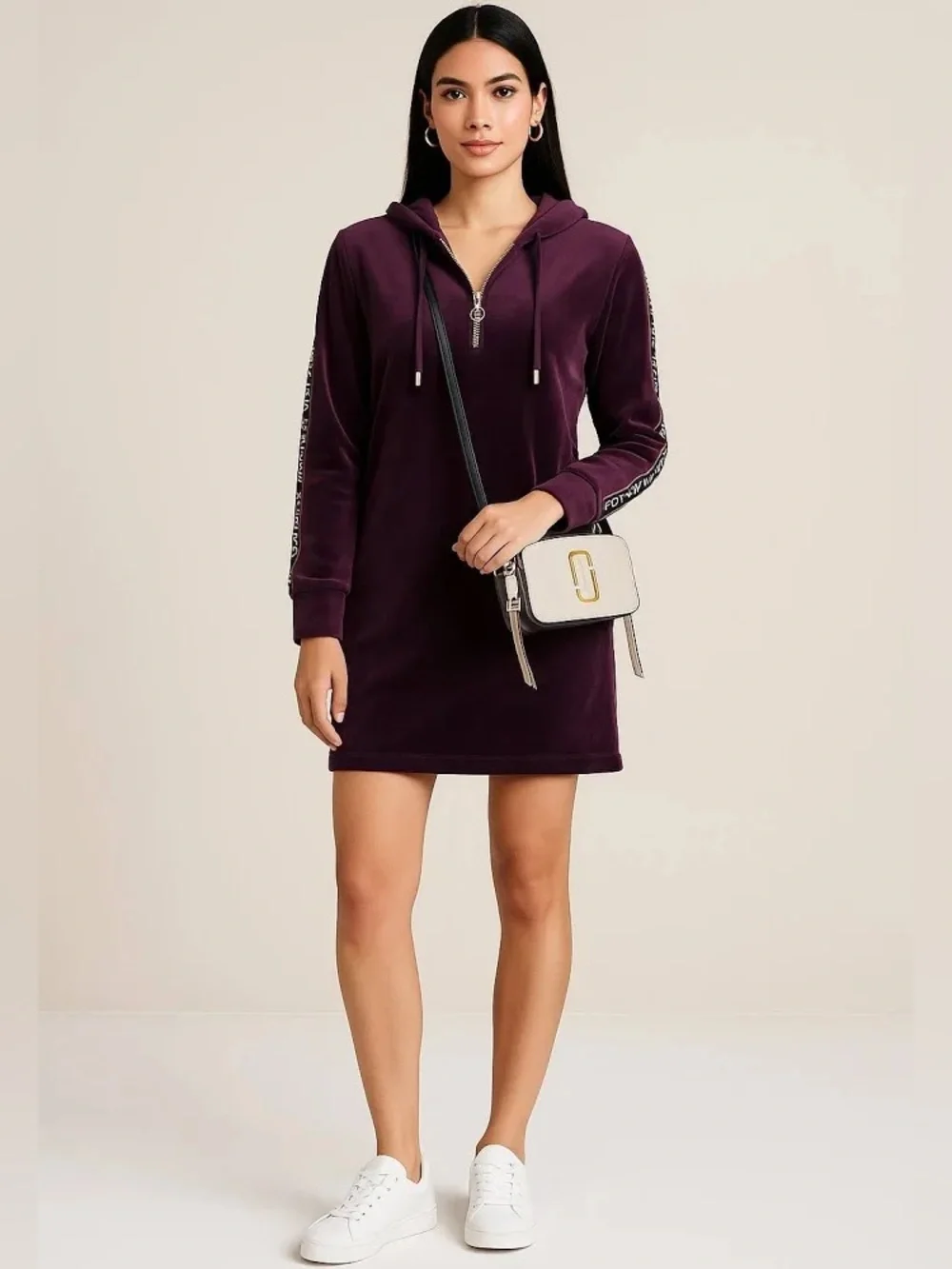 Tommy Hilfiger Plum purple Velour 1/4 zip long sleeve Hoodie Dress